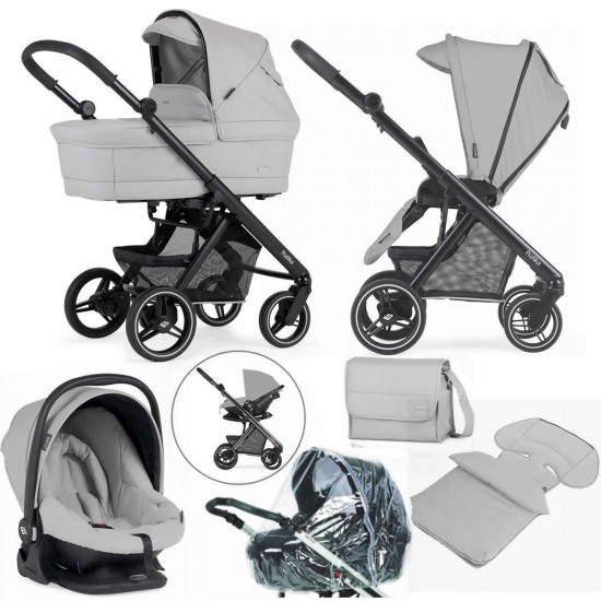 Bebecar Pratika Complete Travel System Lie Flat Car Seat Raincover Footmuff Bag Light Grey